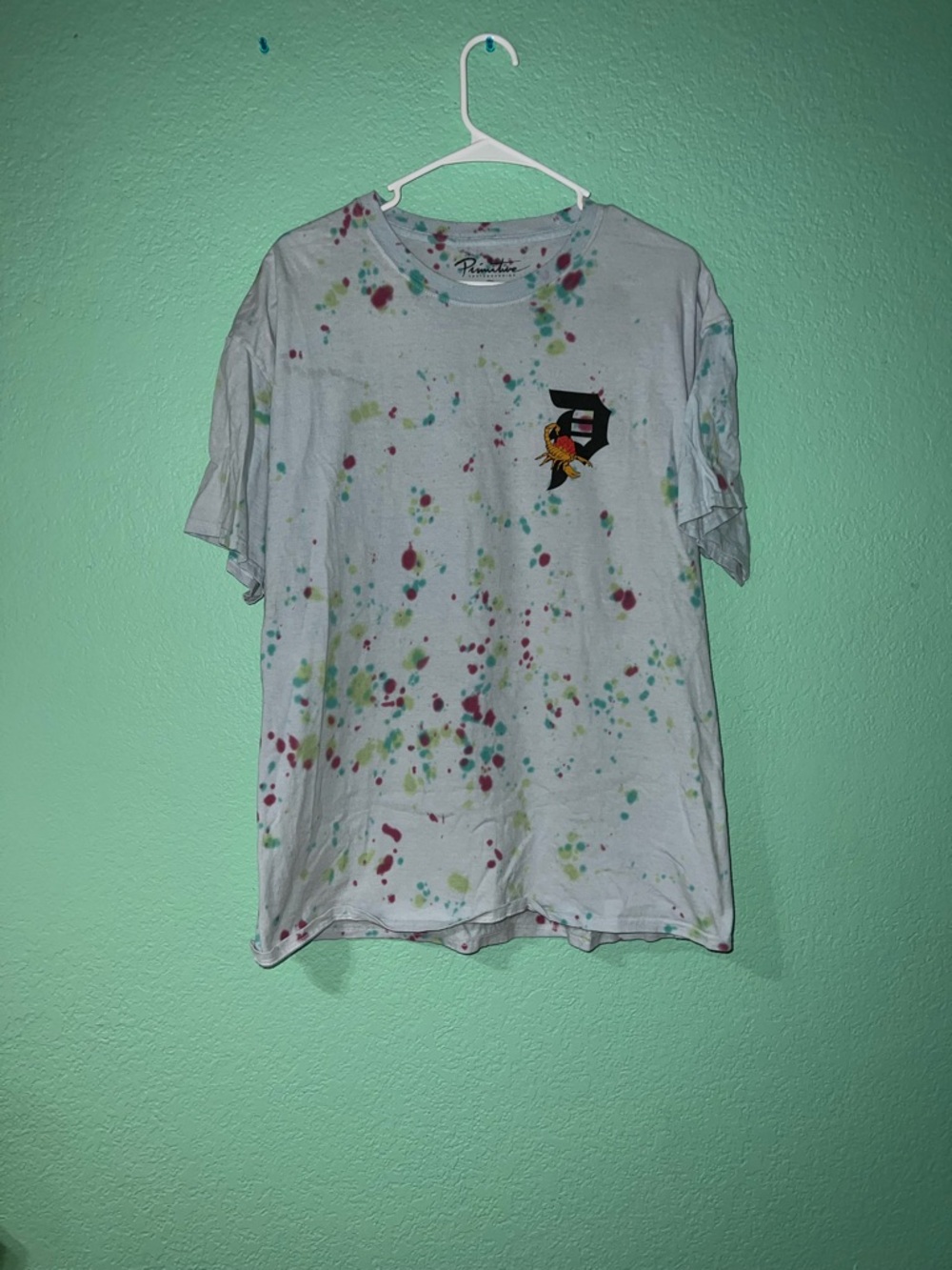 Primitive Scorpion Multicolor Splatter Tee in Light Blue